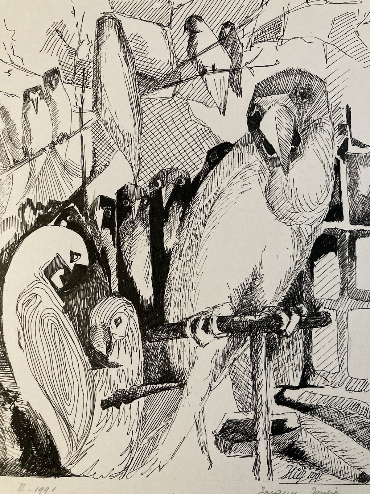 Beautiful Ink Drawing Parrot Birds Animal Cubist Post Cubism Paper 1990 Art