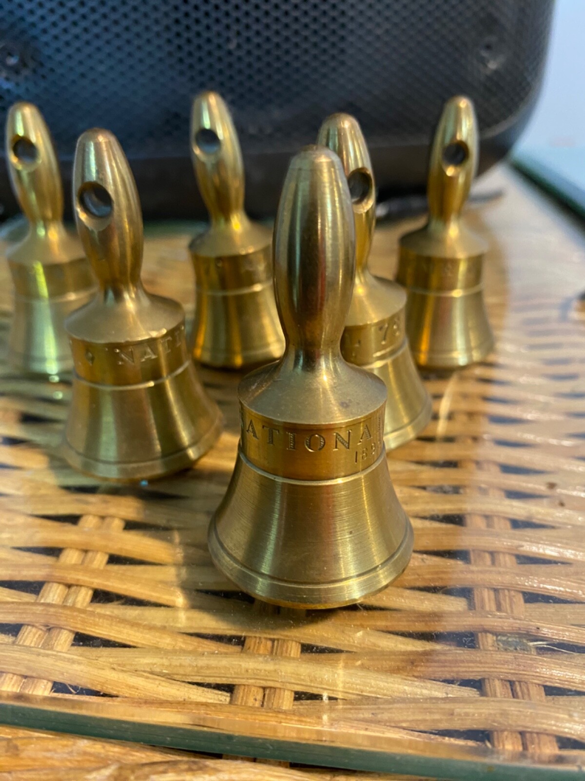 6 Vintage NATIONAL ACME 75th Anniversary Brass Bells 2.25”
