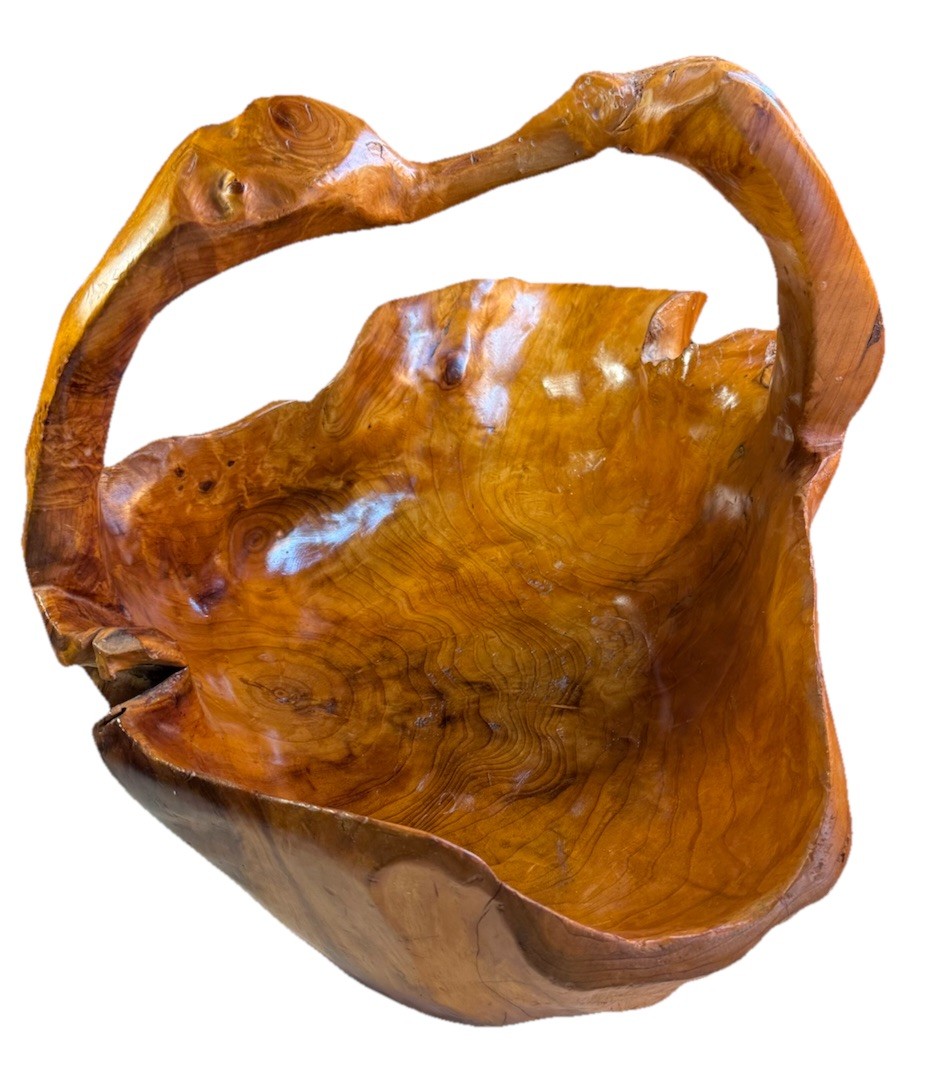 Hand Carved Burl Wood Basket Bowl Vintage Organic Rustic Signed CON