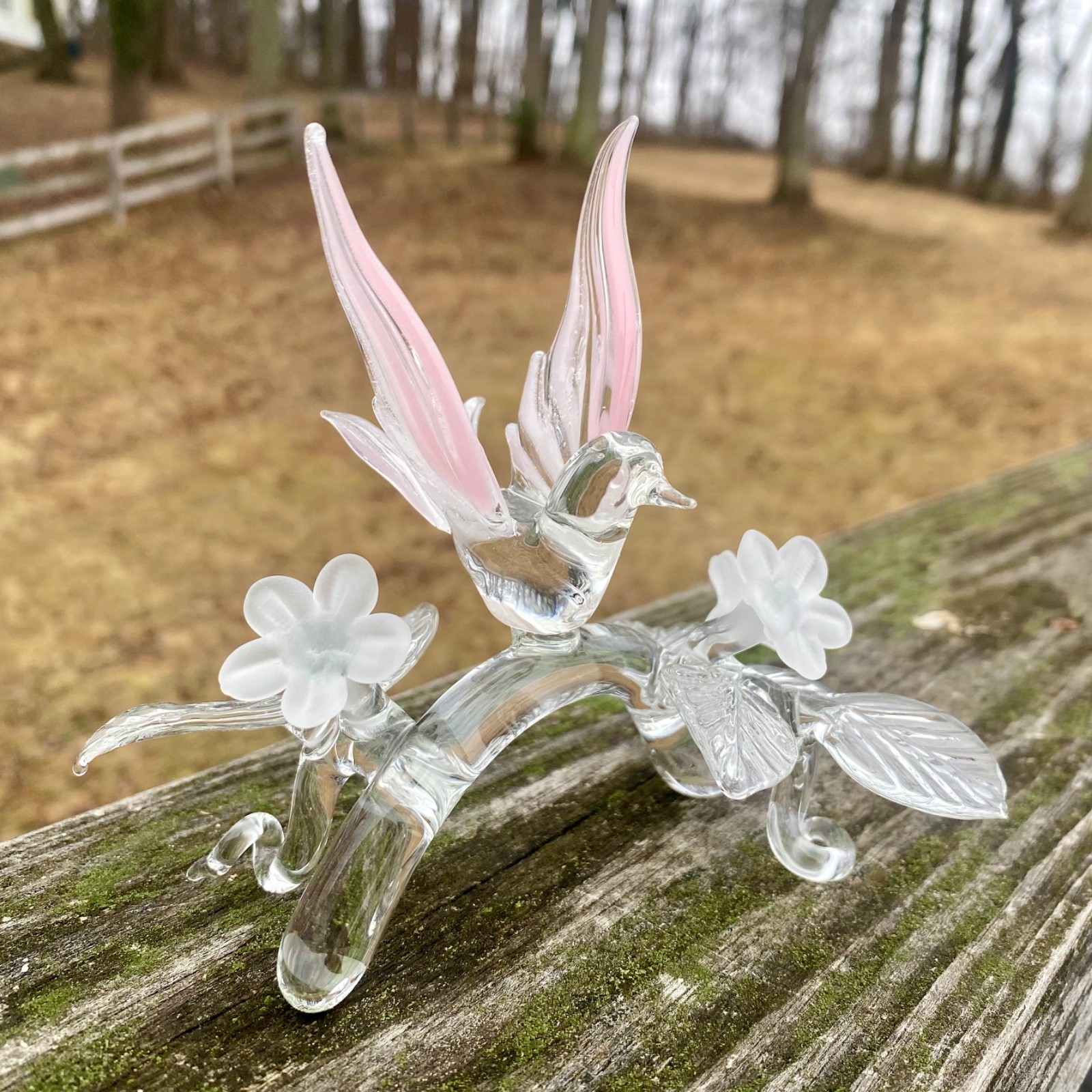 Vintage Hand Blown Glass Hummingbirds on Branch with Flowers  Pink 5.5"