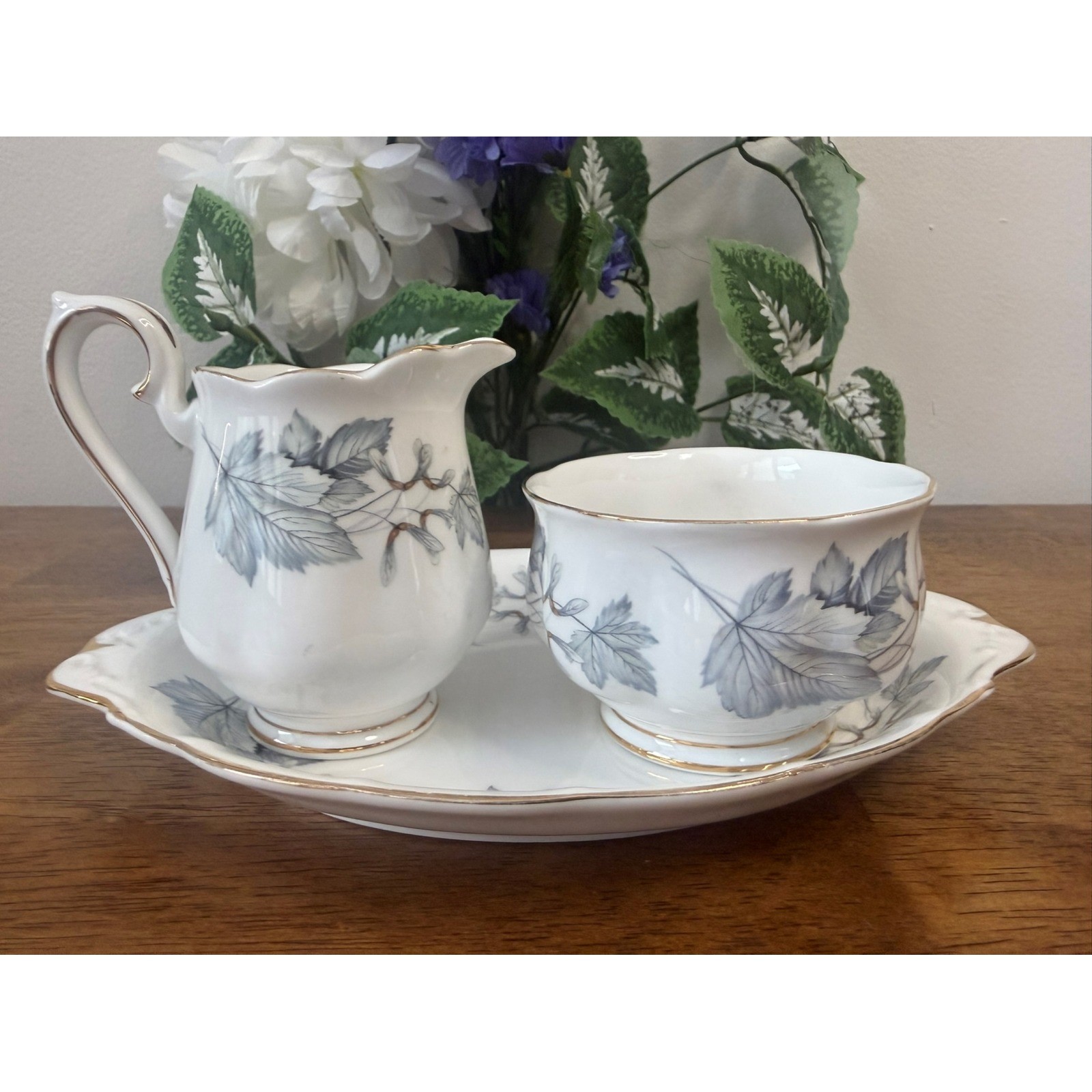 Royal Albert Silver Maple Creamer Sugar Bowl Tray Set Bone China England