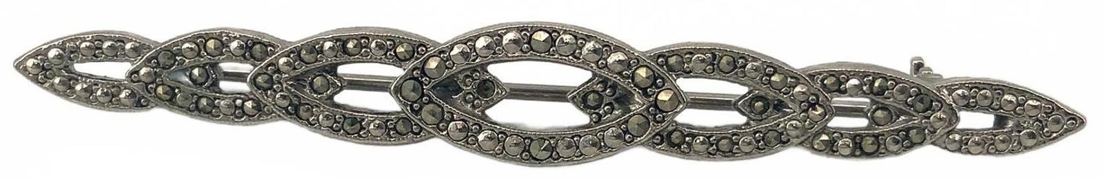 Vintage Marcasite Silver Tone Art Deco Bar Brooch Geometric Filigree Pin 2.5 In