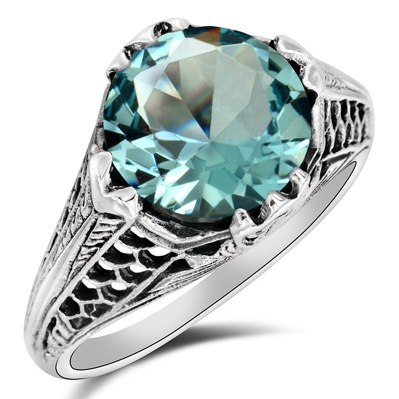 4CT Natural Aquamarine 925 Sterling Silver Vintage Look Ring Sz 6 XB3-6