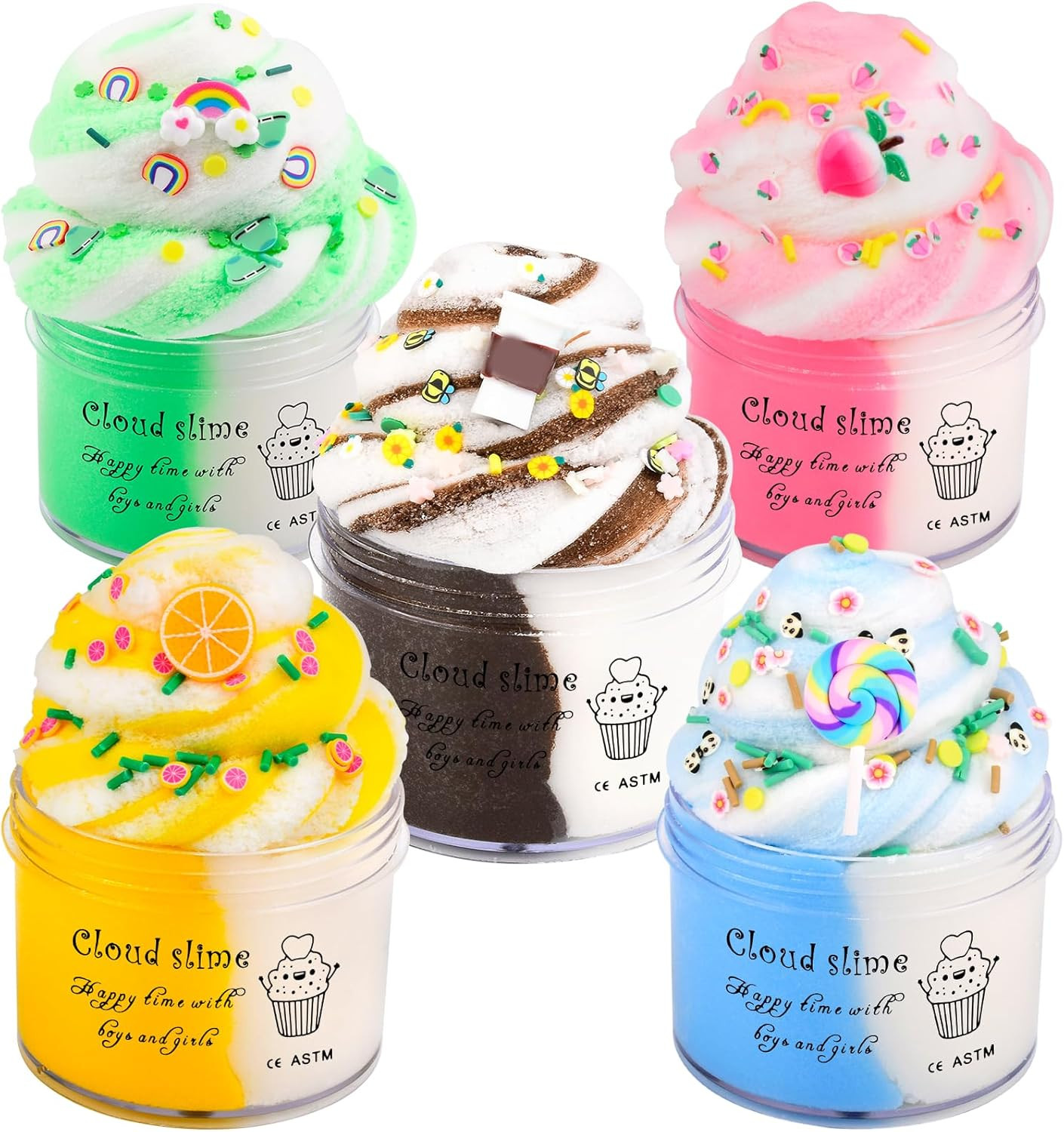 Cloud Slime Kit 5 Pack, with Peach Rainbow Lemon Coffee Slime Charms, DIY Slime 