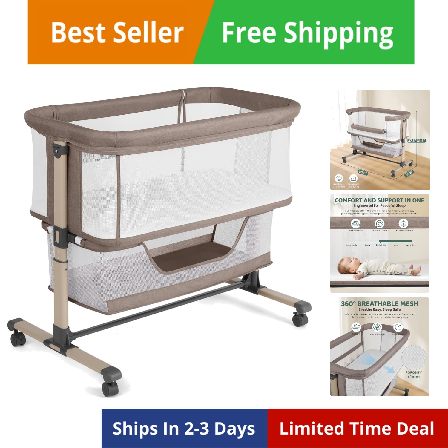 Bassinet Bedside Sleeper, Portable, Breathable, Adjustable Baby Bedside Bassi...