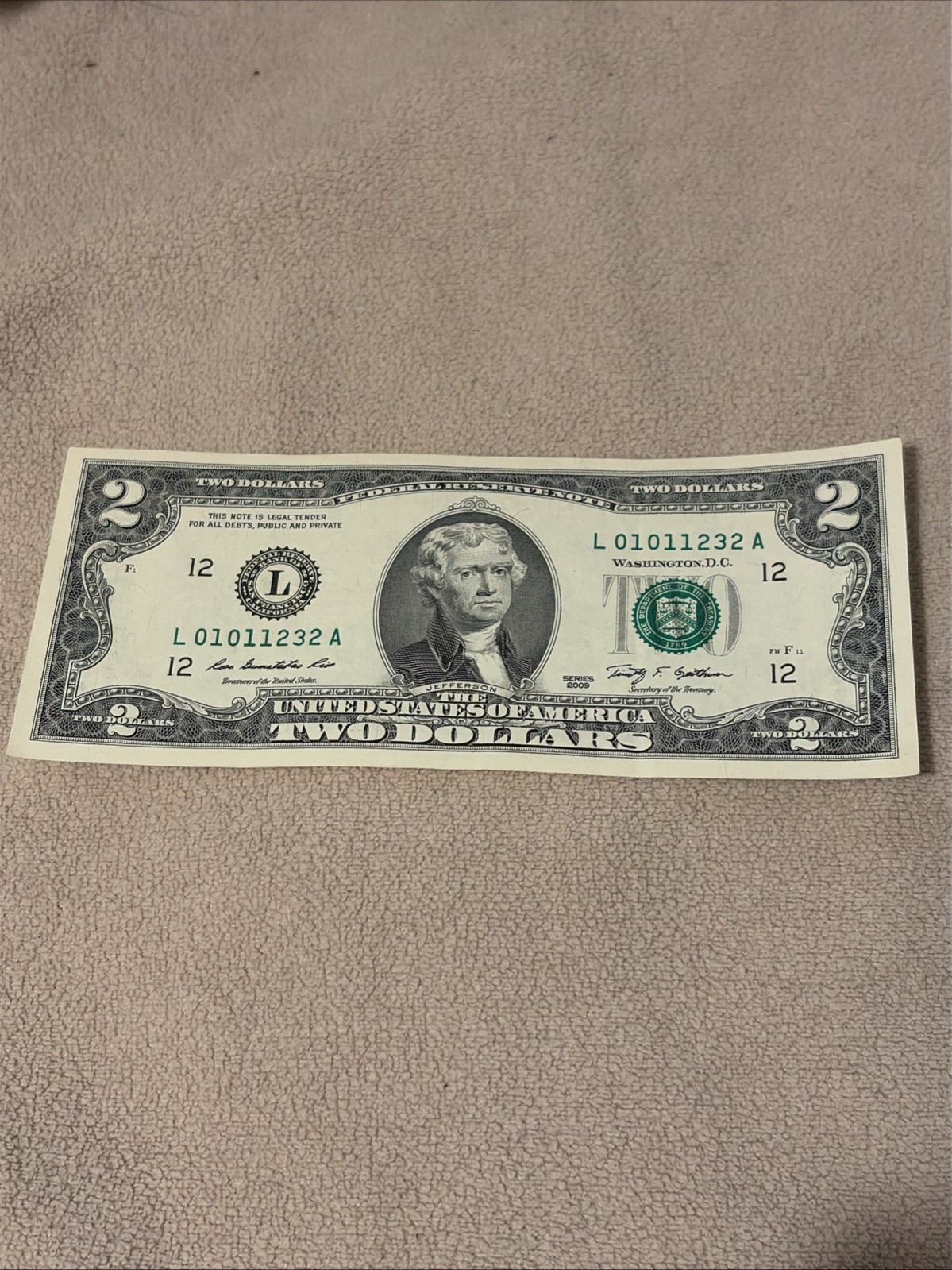 2009 Mint $2 US Dollar Bill Uncirculated Condition Vintage Money Collector