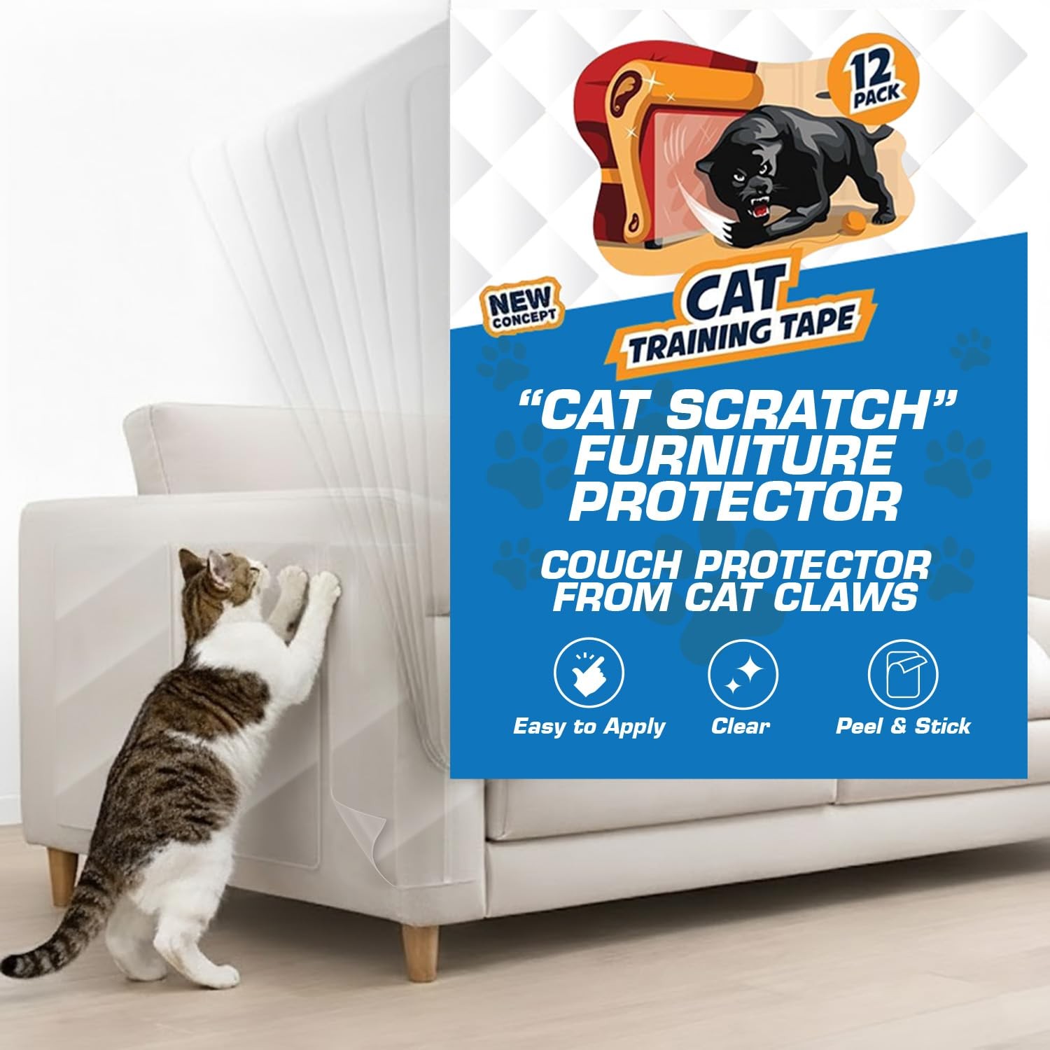 12 Pack Cat Scratch Furniture Protector Tape Sheets – Double-Sided Sticky Tra...