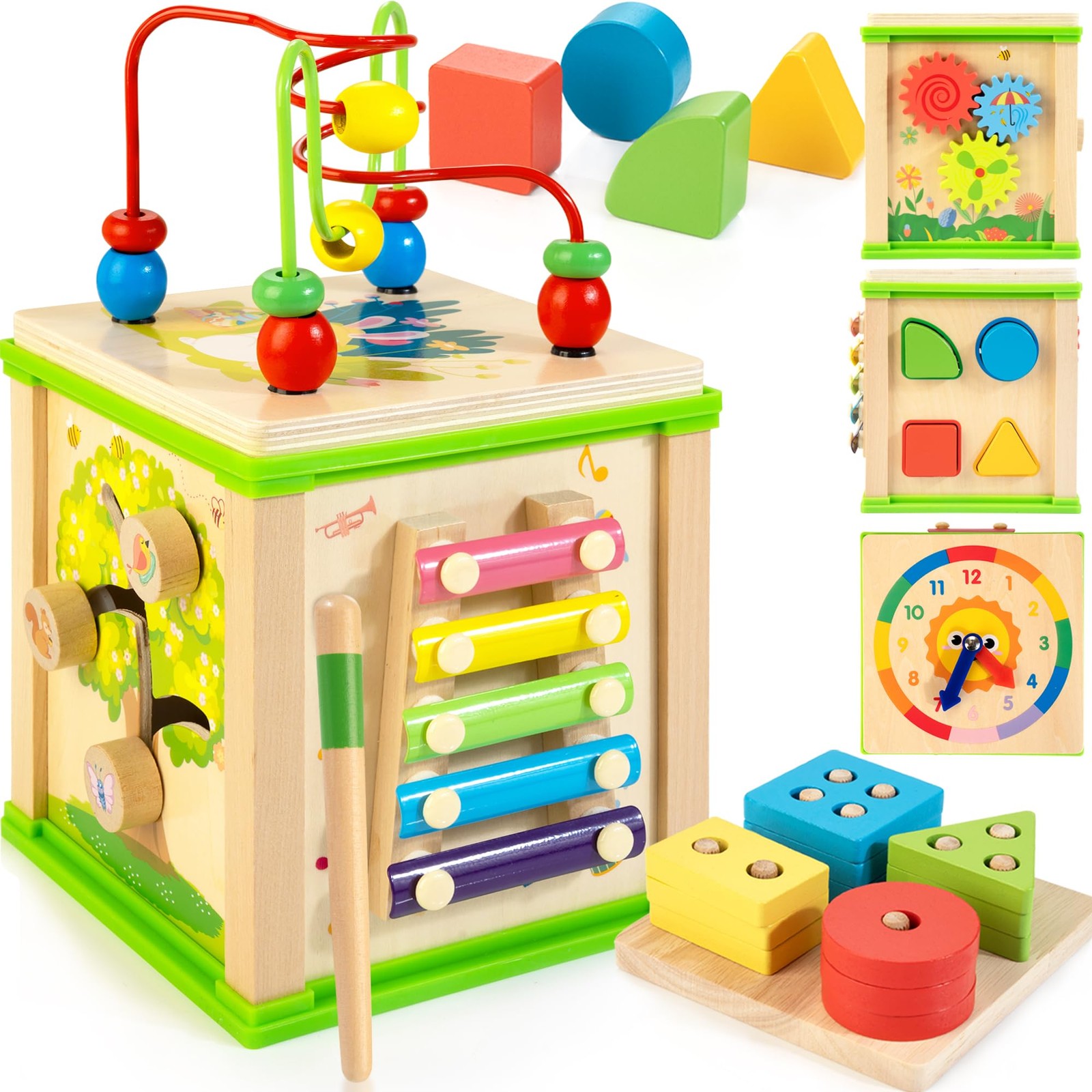 Wooden 7-in-1 Activity Cube| Montessori Toys for 1 2 3 Year Old Toddlers| Bab...