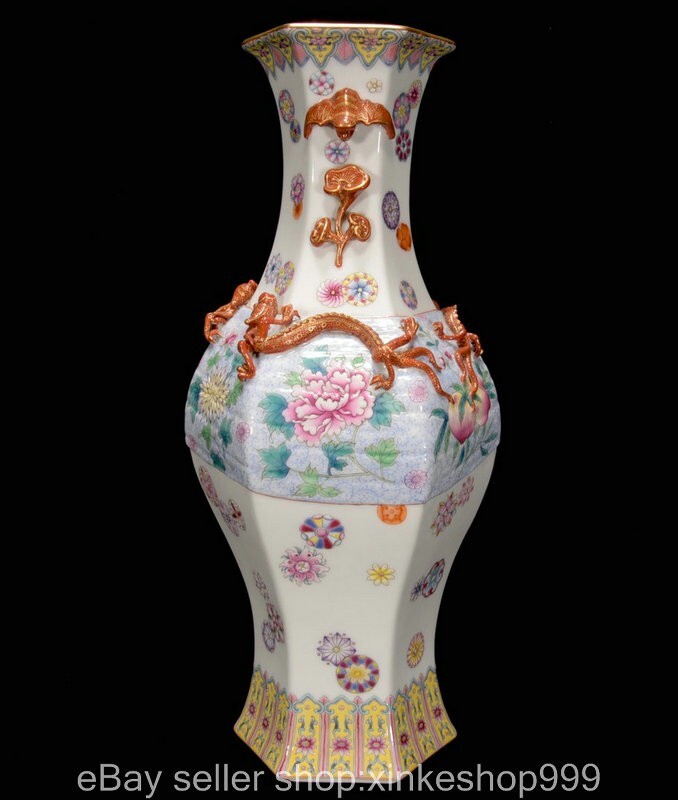 14.4" Qing Qianlong Chinese Famille rose Gilt Porcelain Pan Dragon Vase Bottle