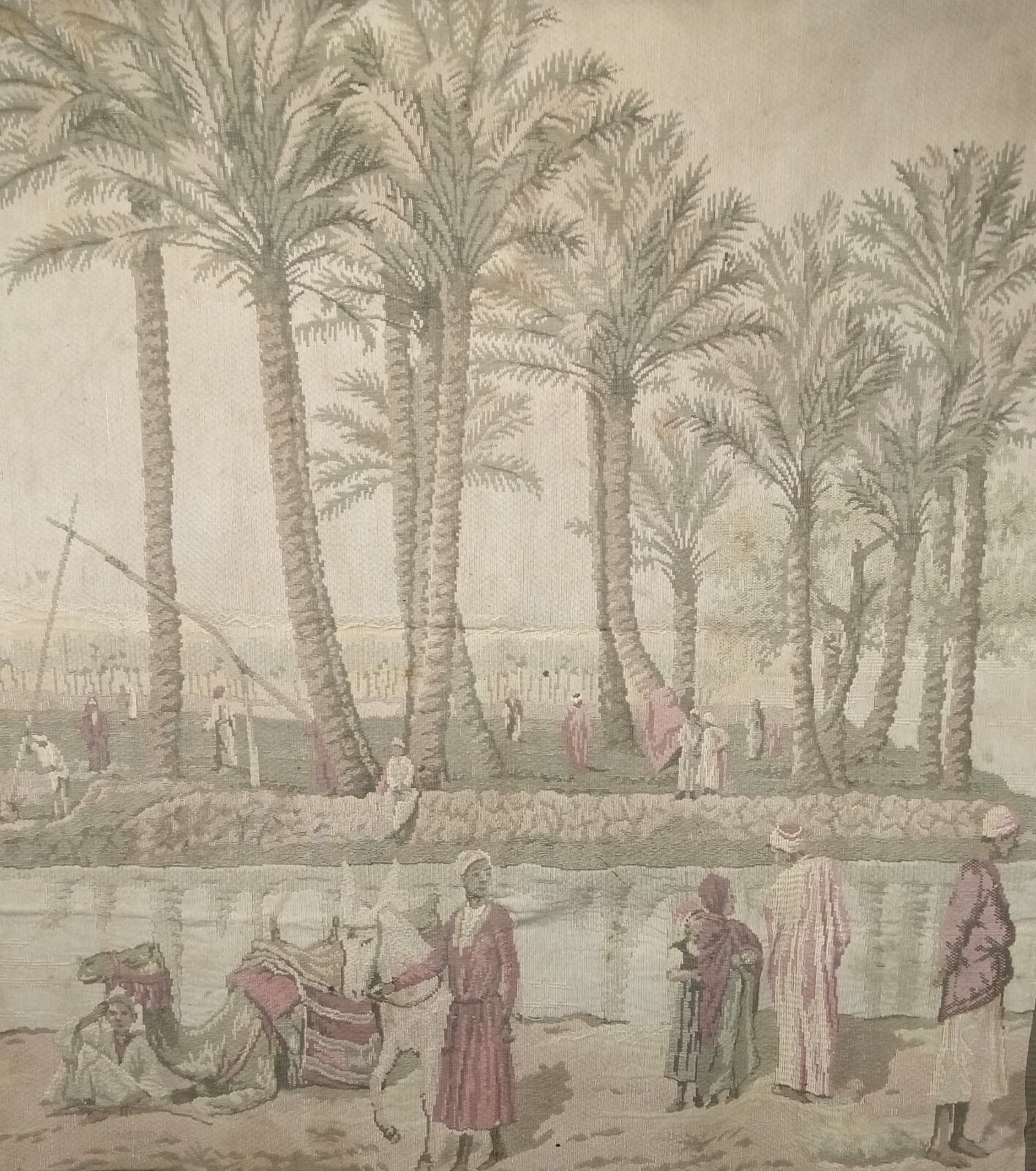 antique Flanders Tapestry antique North Africa  Moors desert Oasis  Scene 48x48"