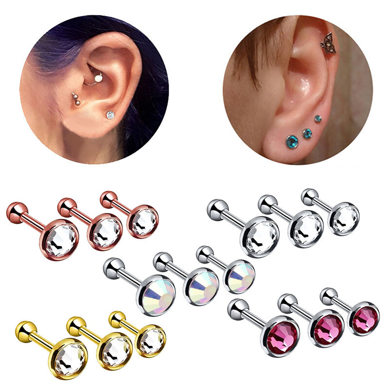 3X Surgical Steel Gem Barbell Ear Cartilage Tragus Helix Stud Earrings Piercing⇖