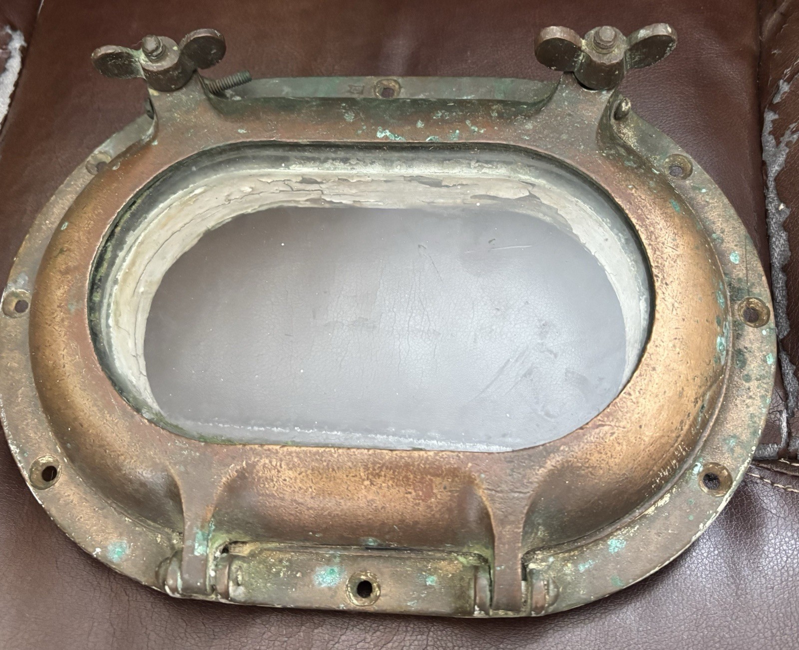 Antique Brass Ship Porthole British Crown Mark 7" Glass Working Dogs & Trim