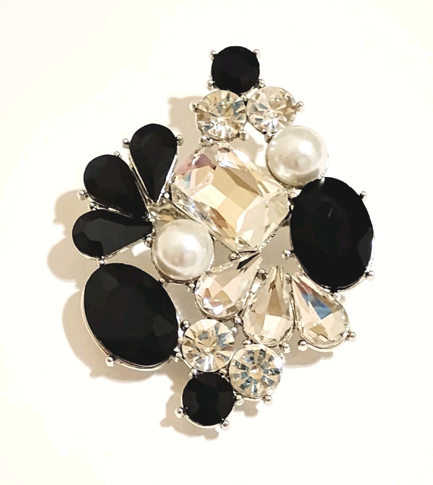 Vintage Black Clear Crystal Brooch Pin Faux Pearl Accent Asymmetrical Statement 