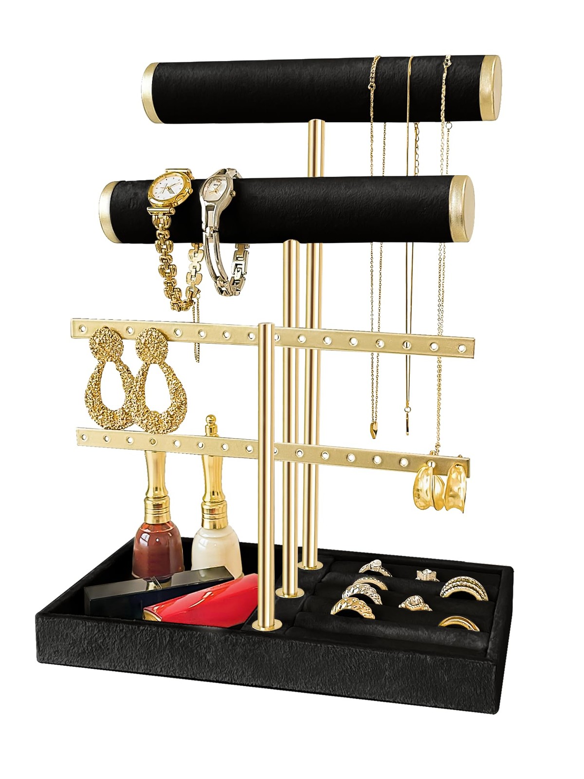 3 Tier Jewelry Organizer Stand with Detachable Ring Tray, Multi-functional ne...