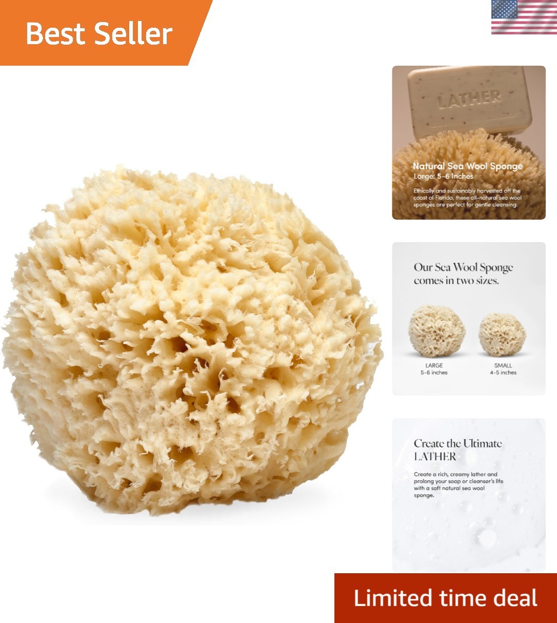LATHER - Natural Sea Wool Sponge, 5-6" - Organic Exfoliating Body Scrubber - Sof