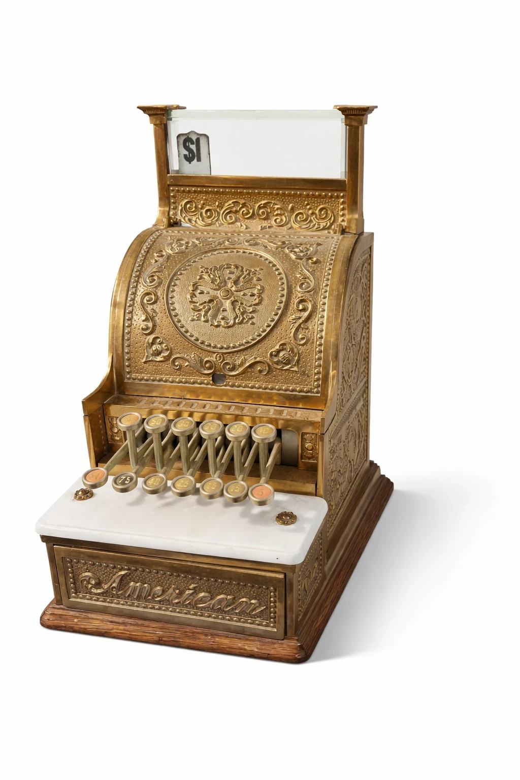 Antique American Brass Cash Register w/ Marble Base Ornate $1 Display