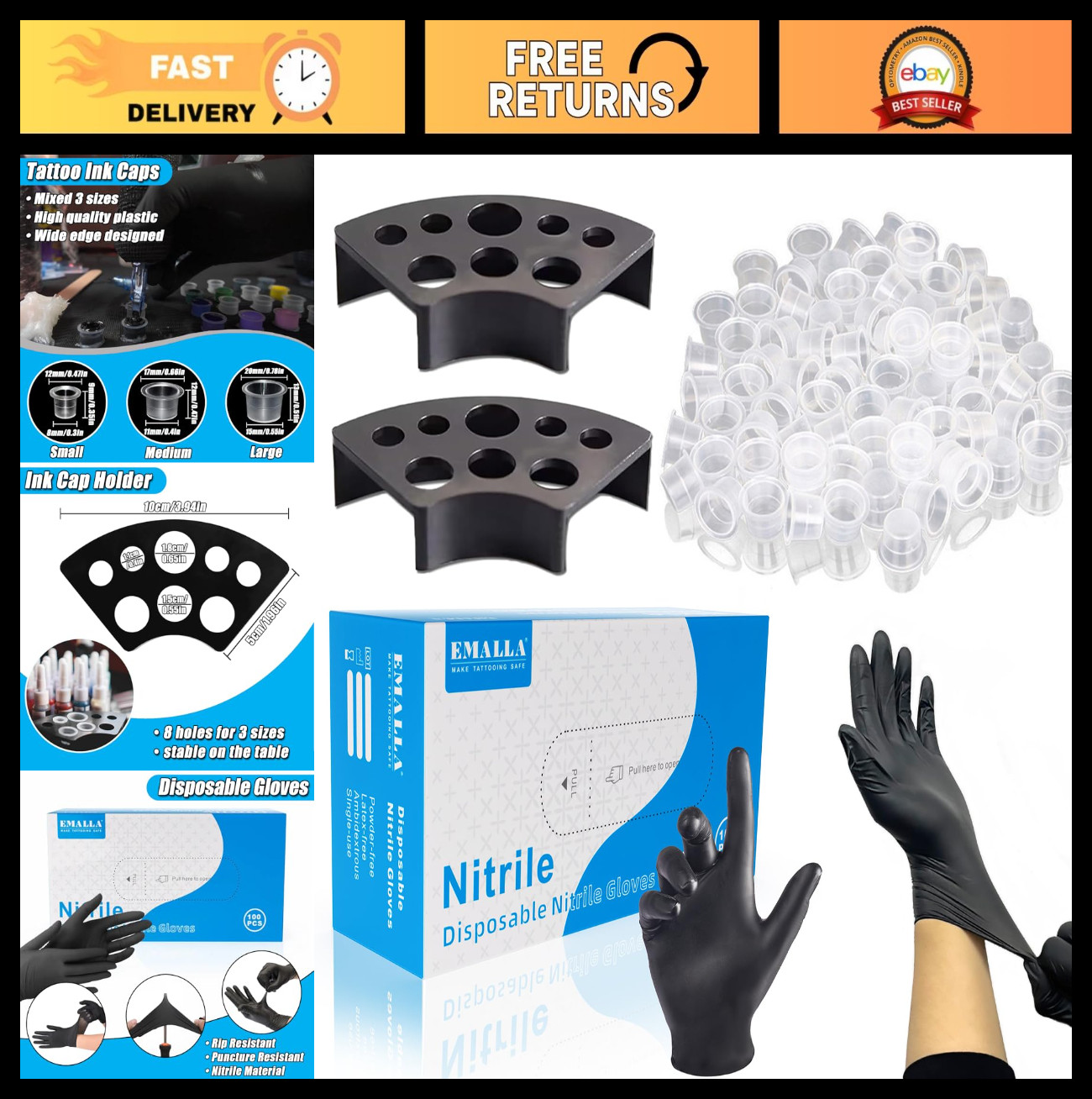 300pcs Disposable Tattoo Ink Cups (8mm/11mm/15mm) + 100 Nitrile Gloves, Complete