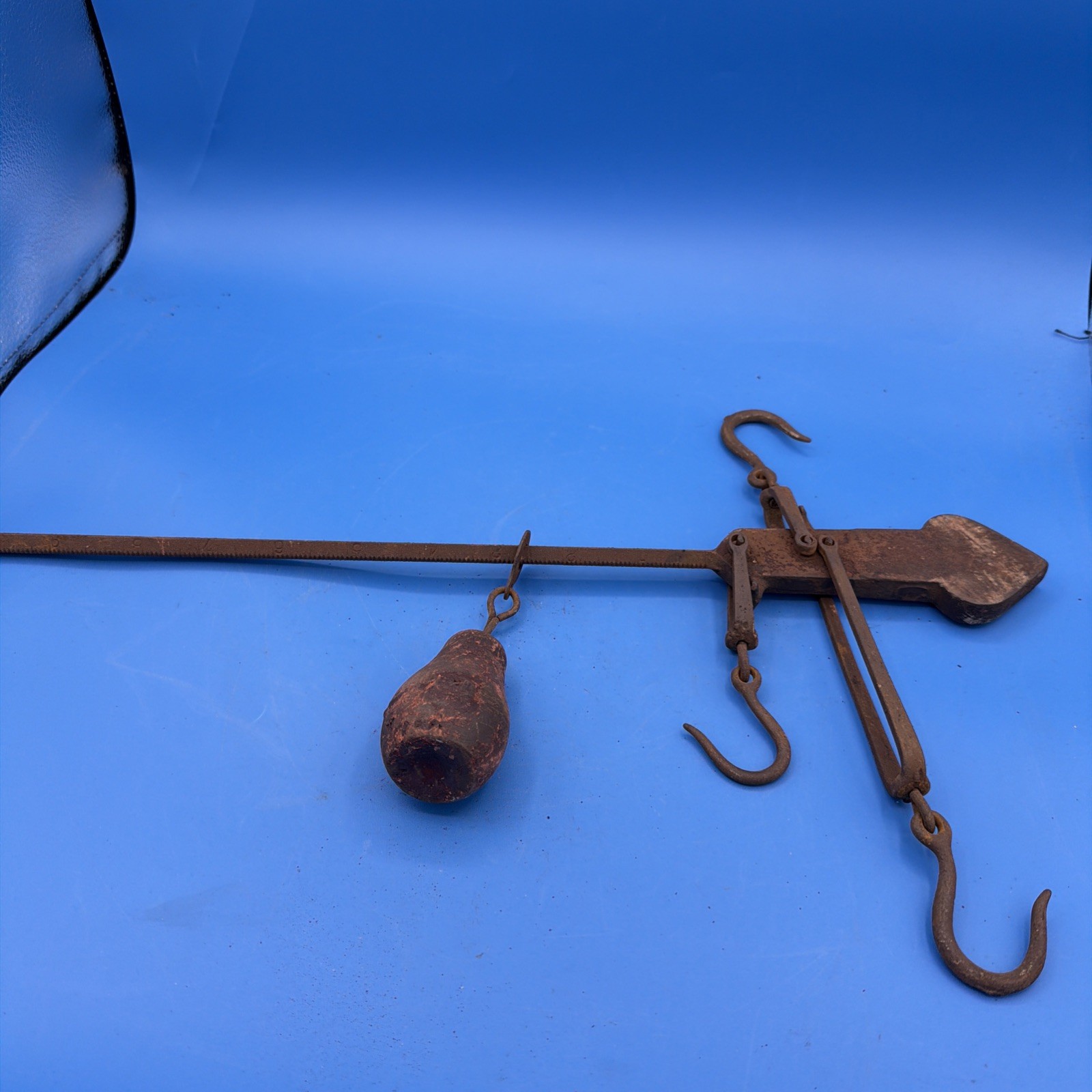 Antique 1800s Cast Iron Balance Beam Scale 3 Hooks w/ Sliding Weight