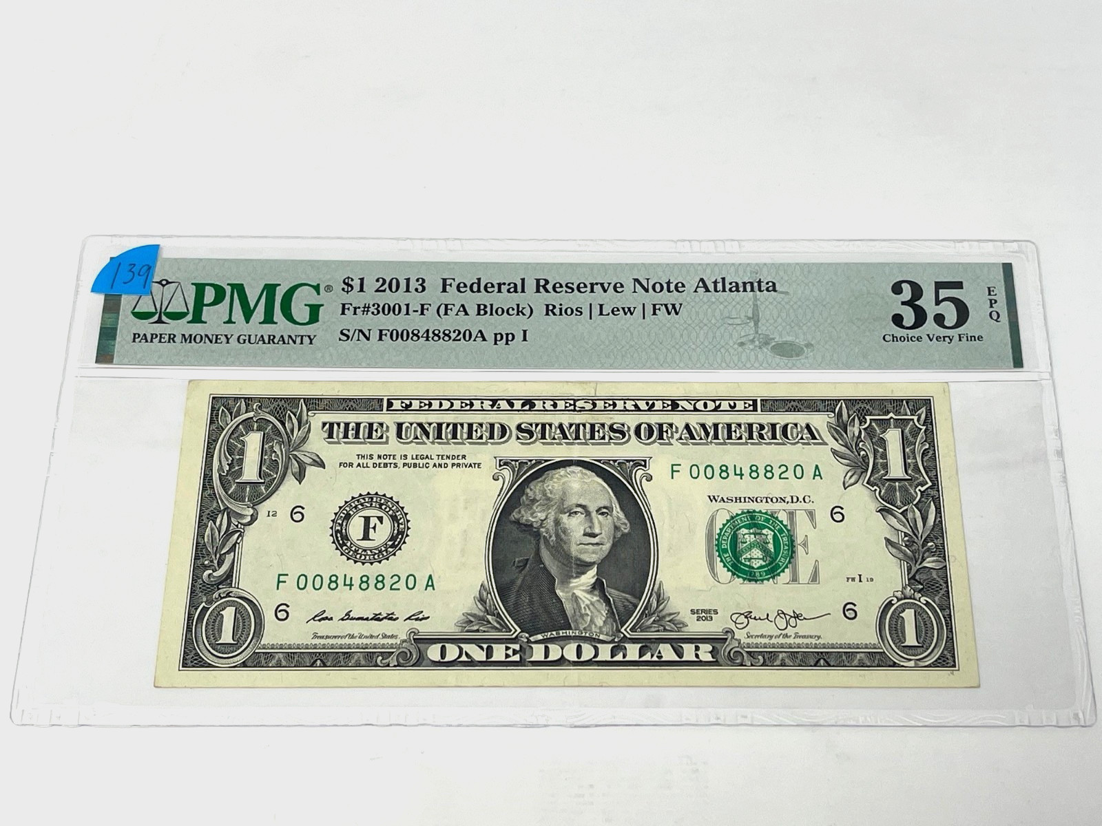 2013 $1 One Dollar, FEDERAL RESERVE NOTE, Atlanta,' PMG 35 Choice VF, (#139)
