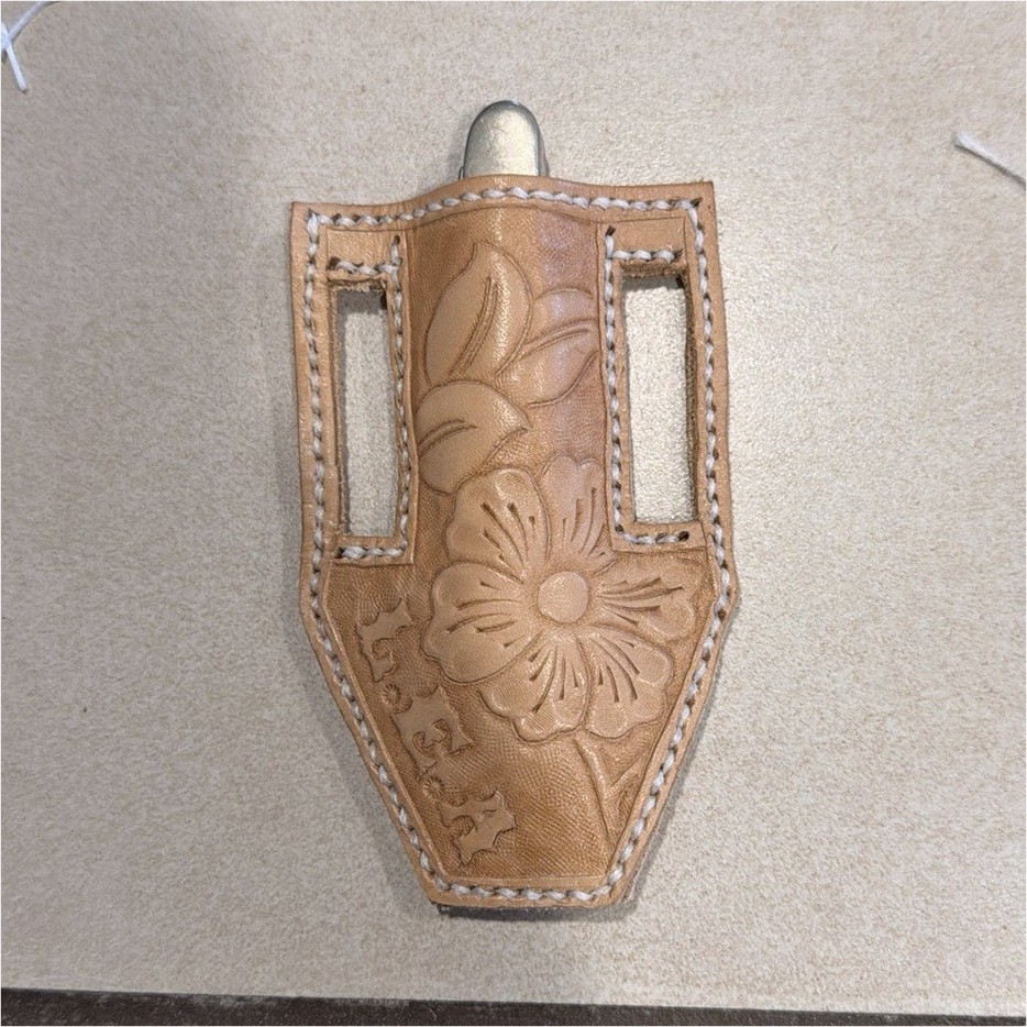  Handmade  Leather Belt Loop Knife Sheath Brown Full Coverage Floral Design