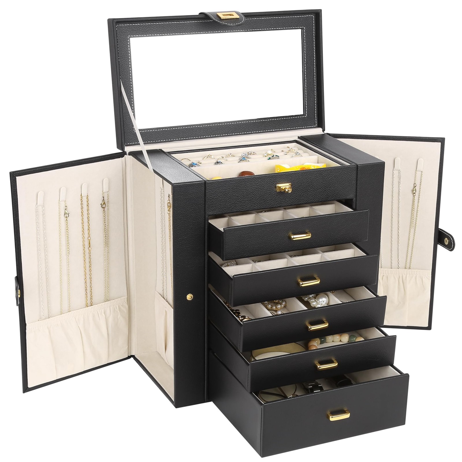 Extra Large Jewelry Box Jewelry Case PU Leather 6 Tier 5 Drawers Large Storag...