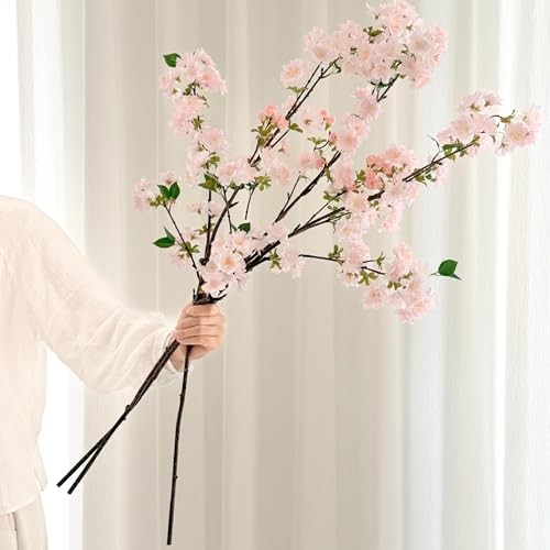  Artificial Cherry Blossom Branches, Fake Flowers Bouquet with Real Light Pink