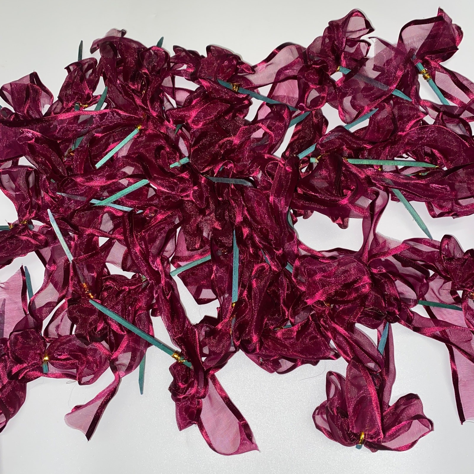 Bundle Set of 90 Burgundy Maroon Sheer Bows w/ Wood Stick Attached Flower Plant