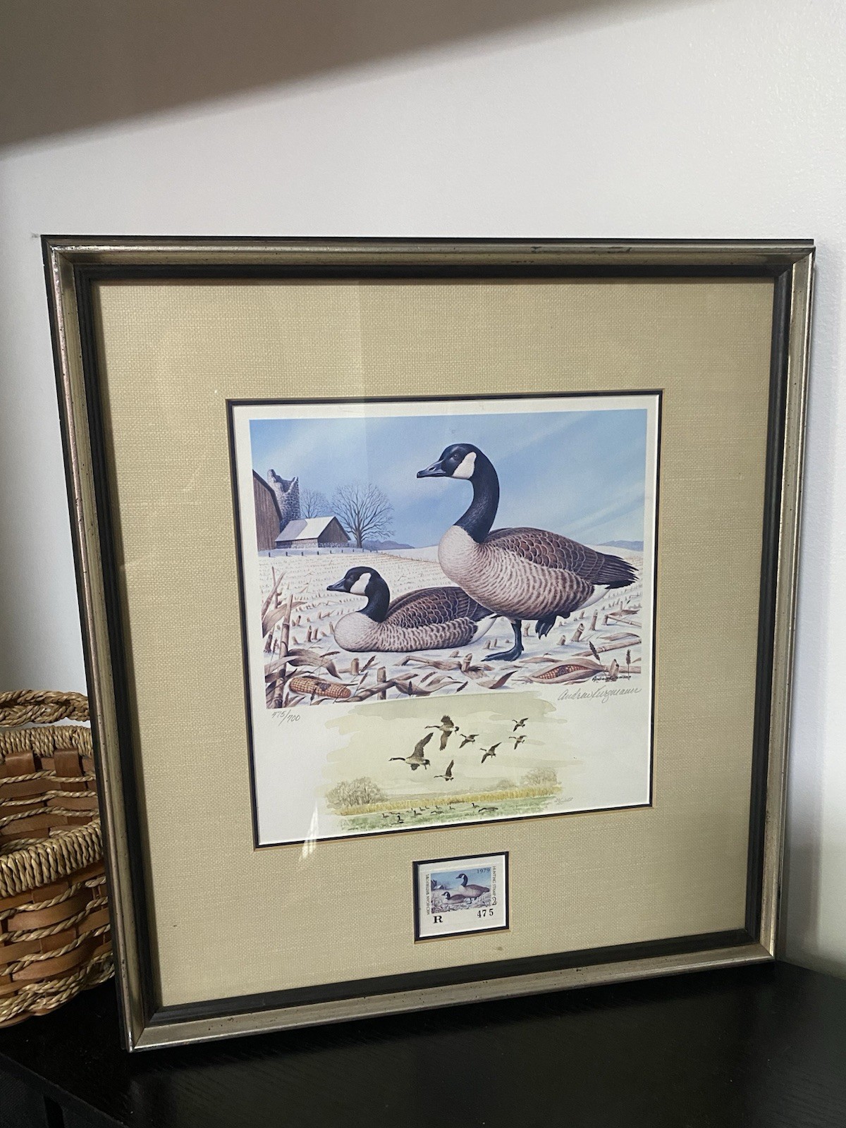 1979 $2 US Duck Stamp Framed Canada Geese Print Signed by Andrew Fitzgibbon