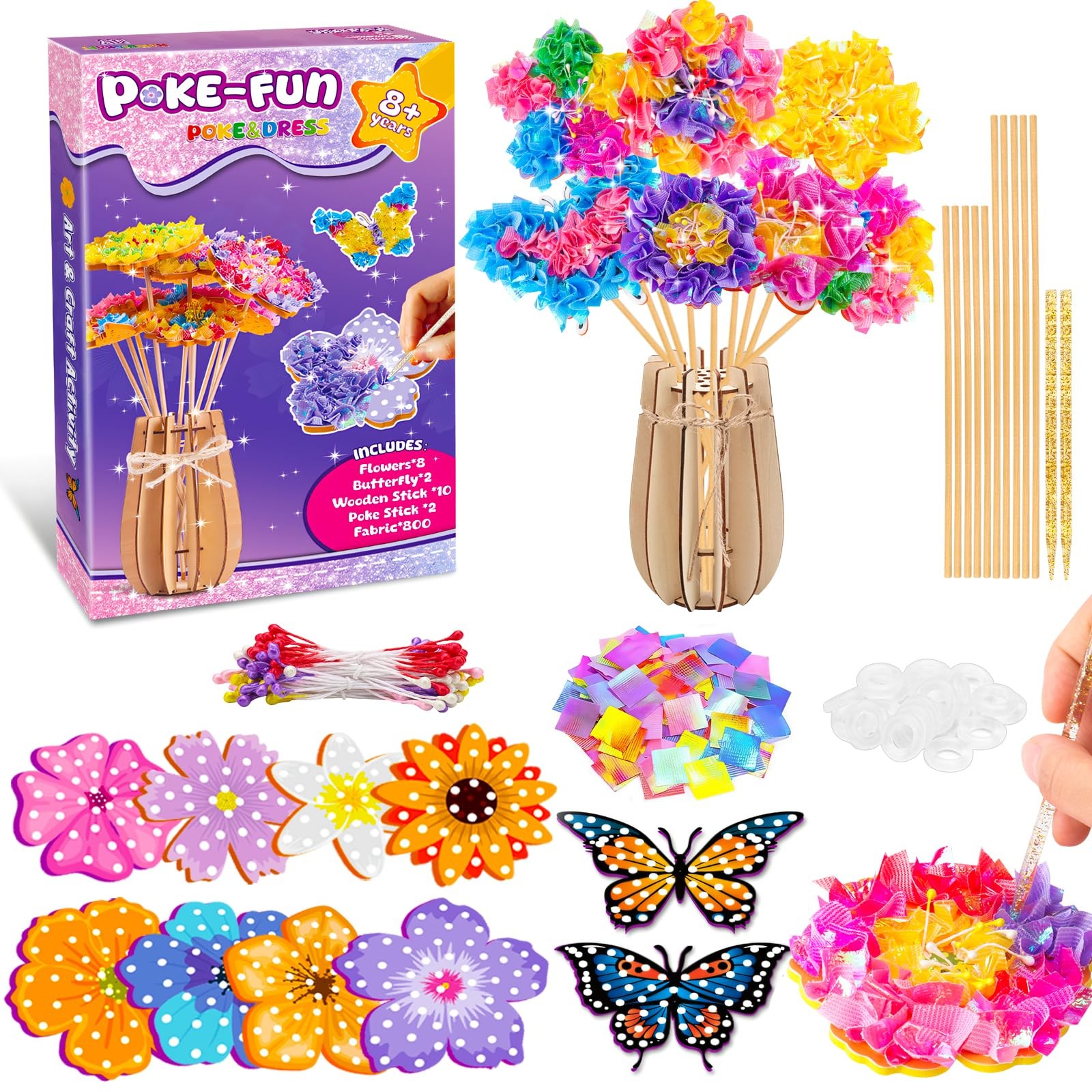 Poke Art and Craft Flower Bouquet Kits for Girls, 8 Flowers & 2 Butterflies w