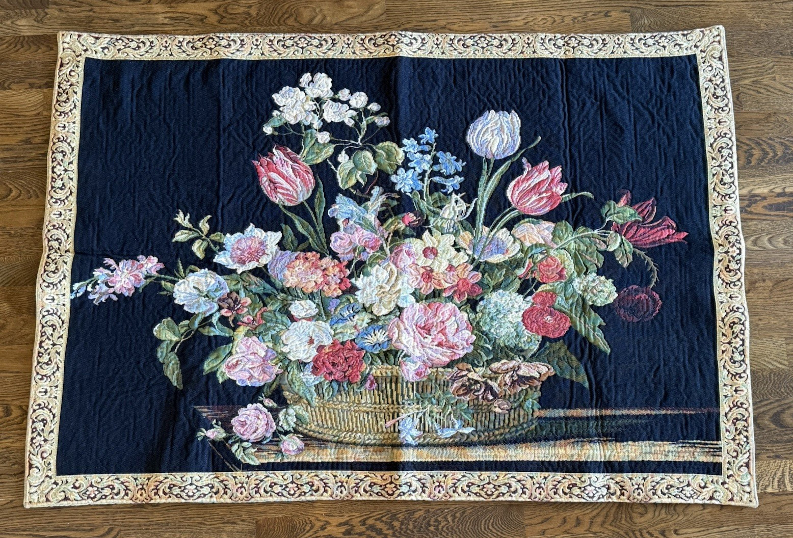 Vtg French Heavyweight Floral Home Décor Woven Tapestry Wall Hanging 53" x 36"
