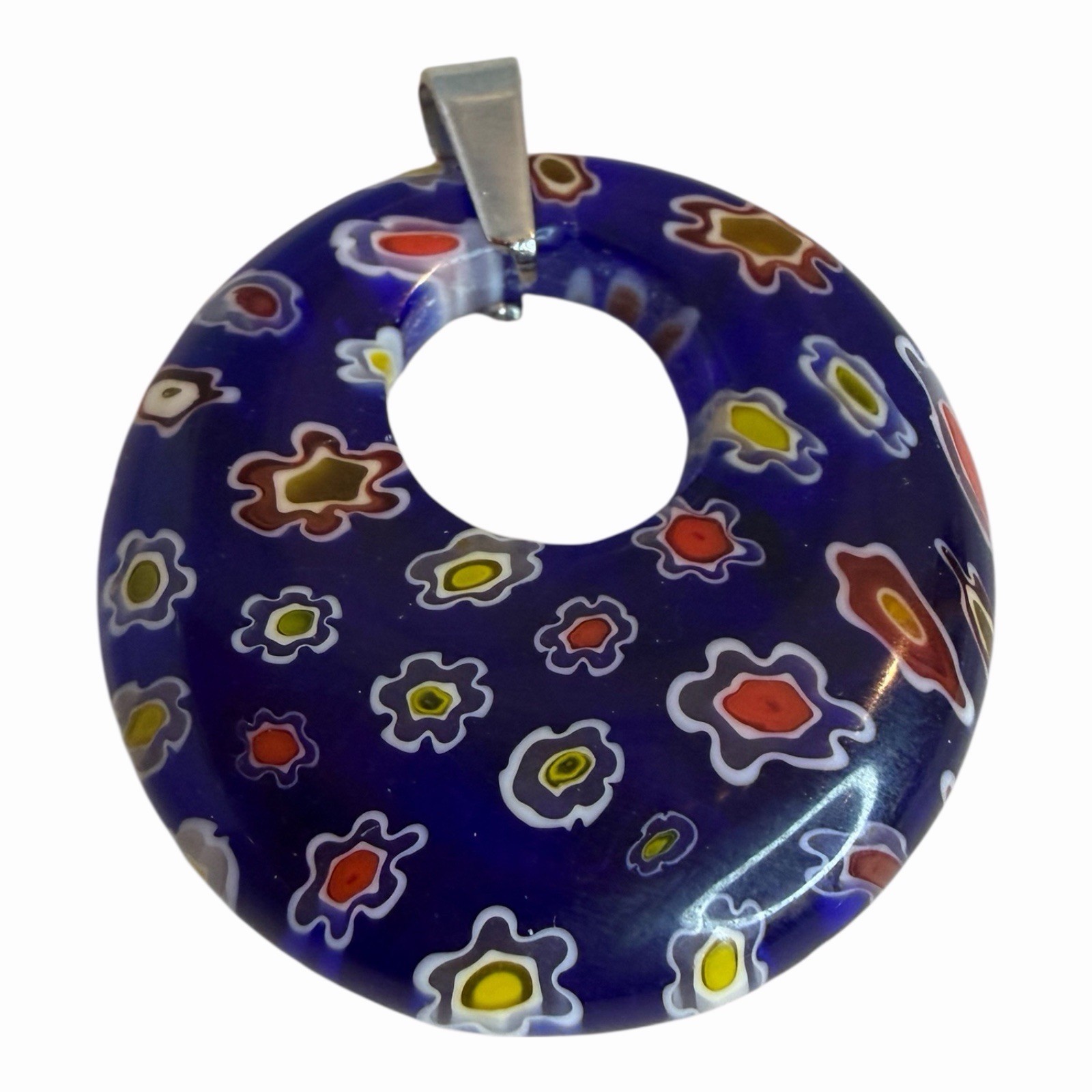 VTG Murano Glass Round Millefiori Pendant Blue Red and Yellow Flowers
