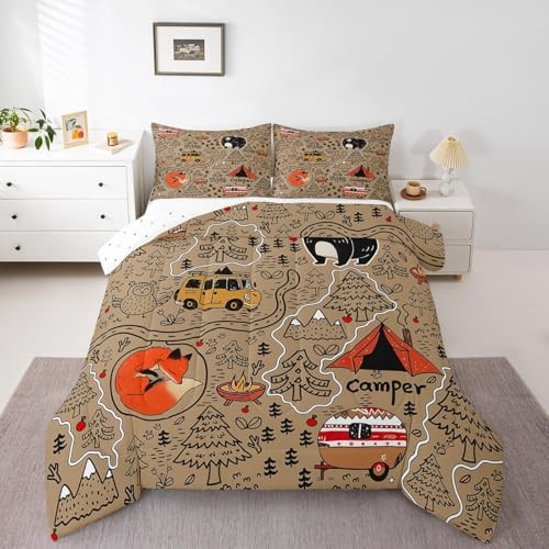  RV Camper Comforter Set,Happy Camping Bedding Set for Kids Boys Queen Khaki