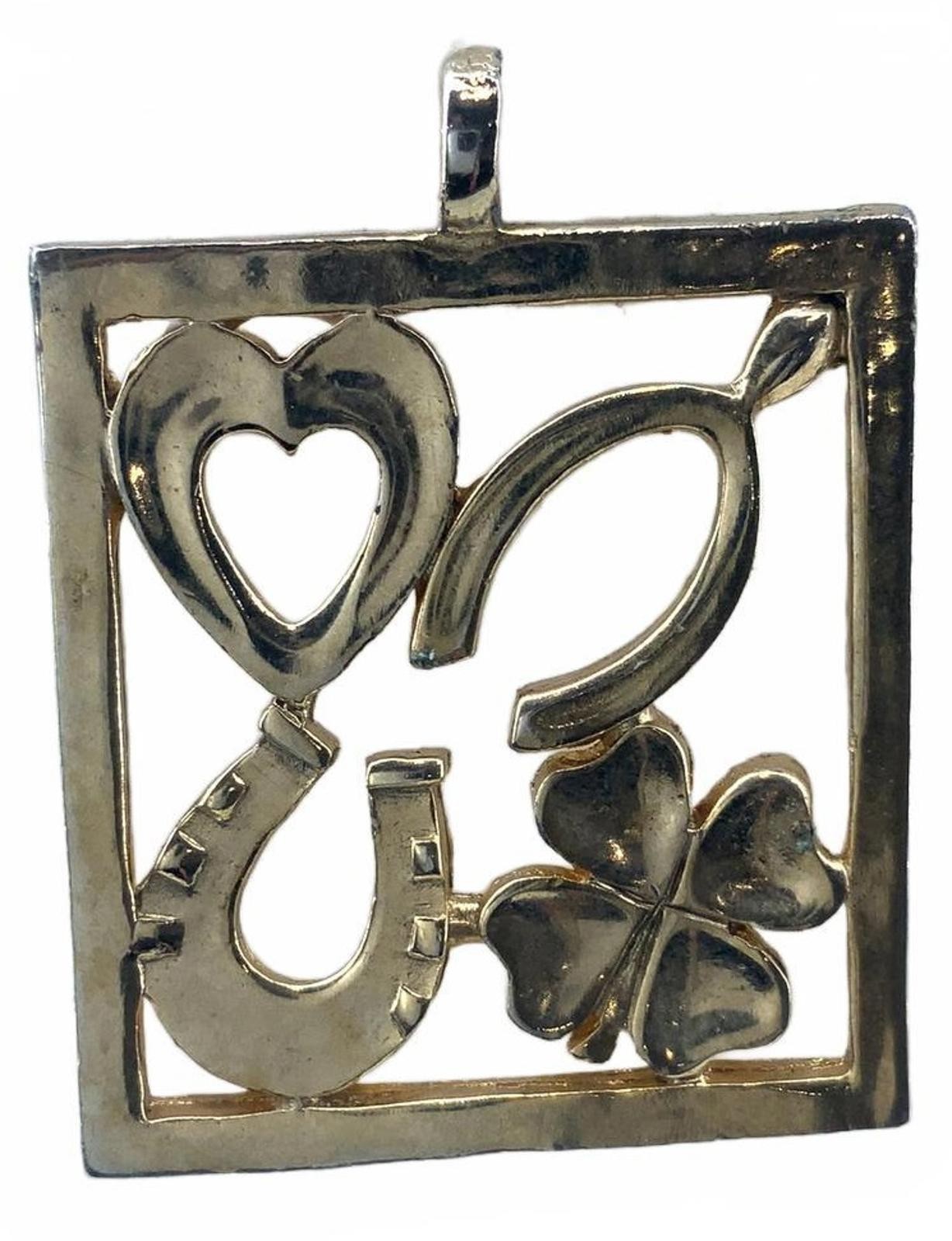 Vintage Gold Tone Good Luck Symbols Square Pendant Horseshoe Clover Heart Boho