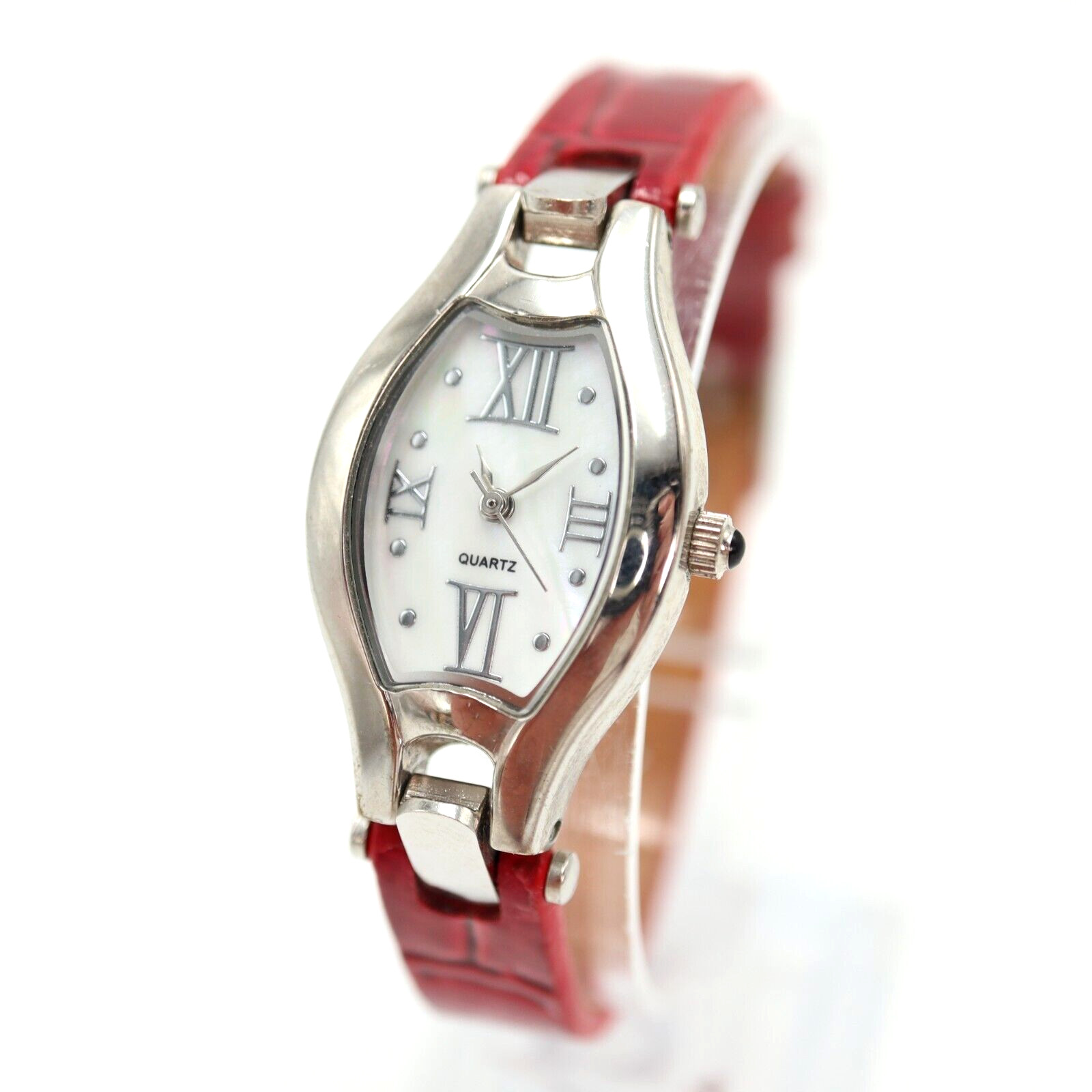 Women's Silver Tone MOP Watch 21mm Oval Dial Red Leather with New Battery