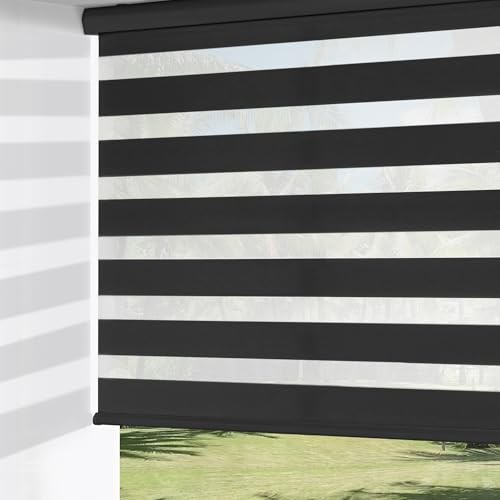  Cordless Zebra Blinds for Windows, Dual Layer Free-Stop 30"W x 72"H Black