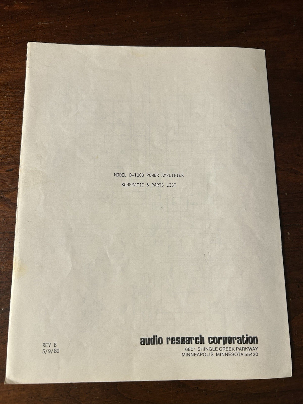 Audio Research Model D-100B Power Amplifier Schematic Parts List Original OEM