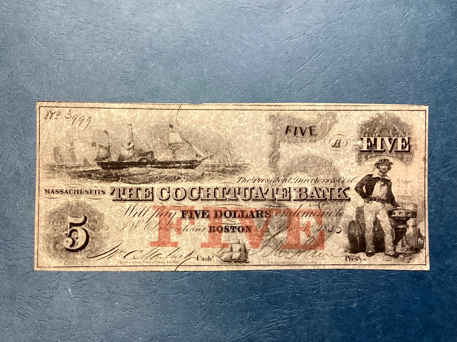 ~1850 $5 Five Dollars - The Cochituate Bank Boston, Massachusetts