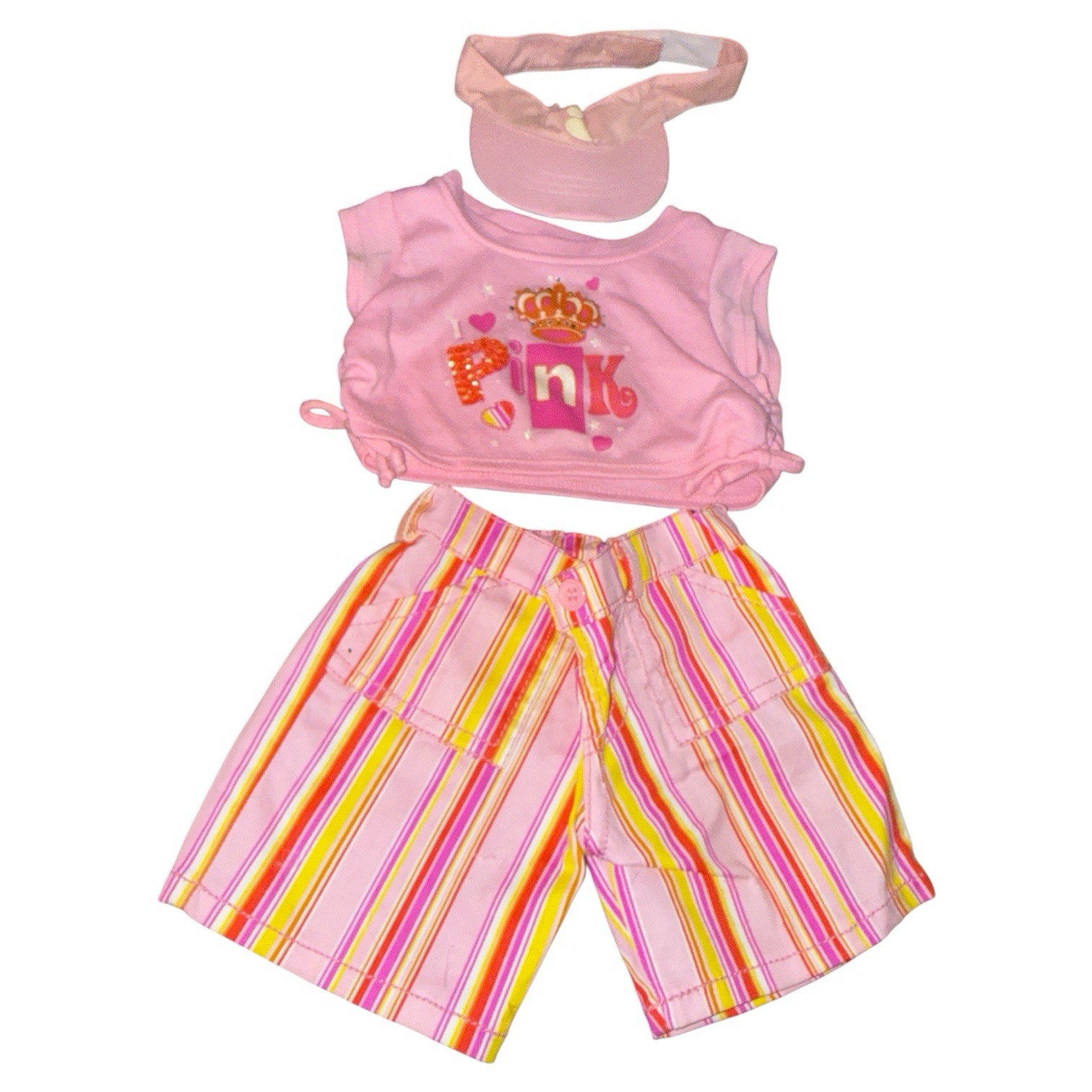Build A Bear I Heart Pink Outfit Striped Pants Top Sun Visor Hat 3 Pcs Summer
