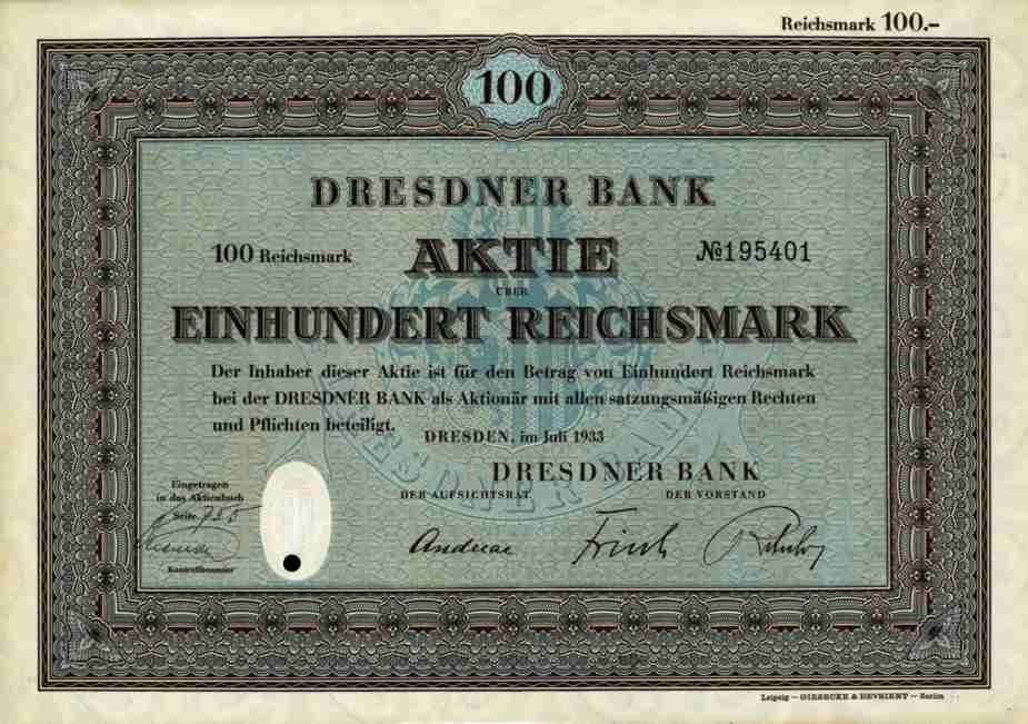 Dresdner Bank Berlin 1933 Frankfurt Bremen Beuthen Historical Securities 100RM