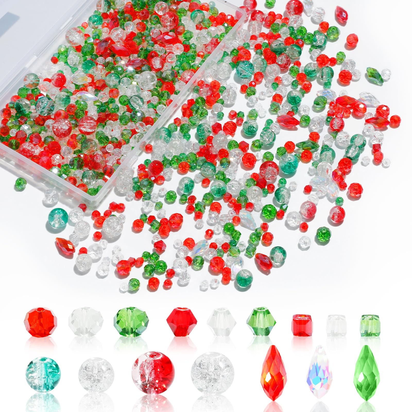 1000pcs Christmas Glass Beads for Jewelry Approx. 6-10mm, Red Green White 