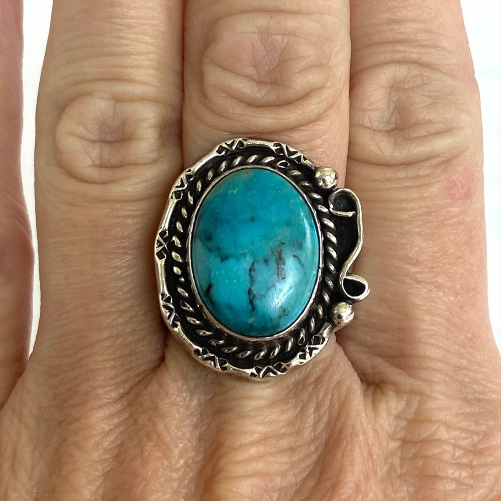 VTG Sterling Silver 925 Hemerson Brown Navajo Oval Bezel Set Turquoise Ring Sz 8