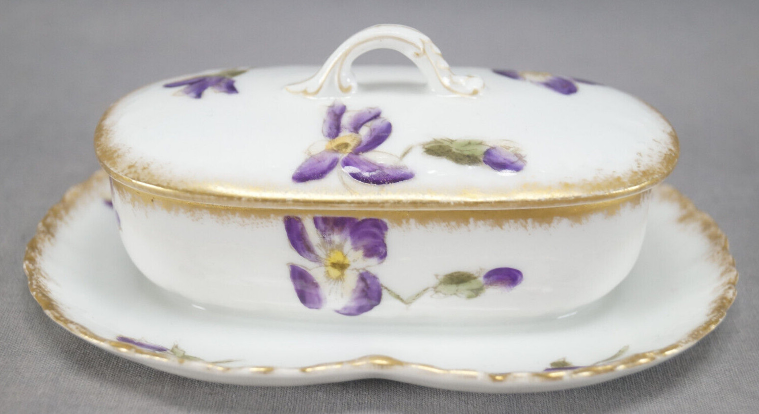 GDM Limoges Hand Colored Purple Violets & Gold Match Box Striker C.1882-1900