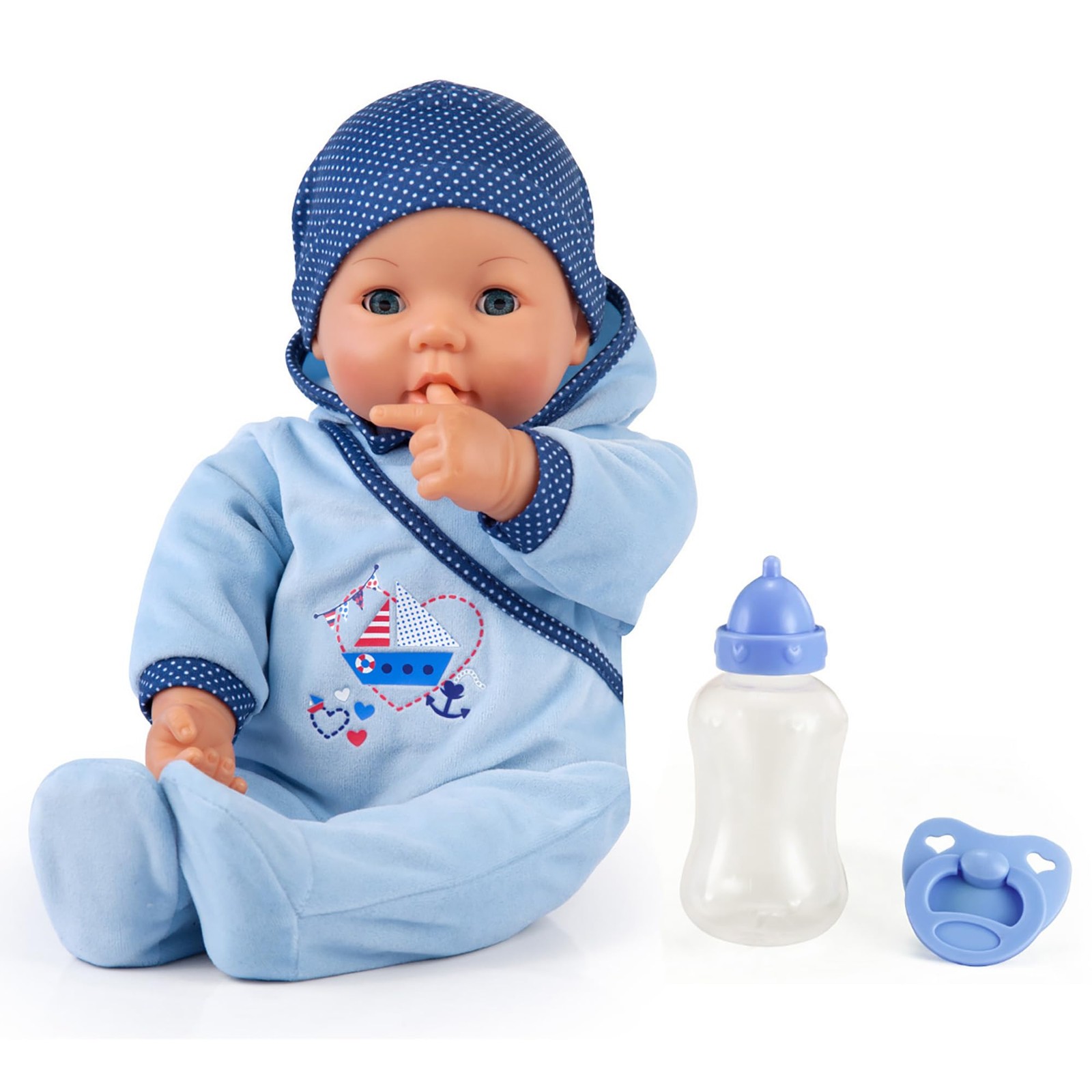 Bayer Hello Baby Boy Doll - 18" Blue Boat, Pacifier, Bottle, Cap