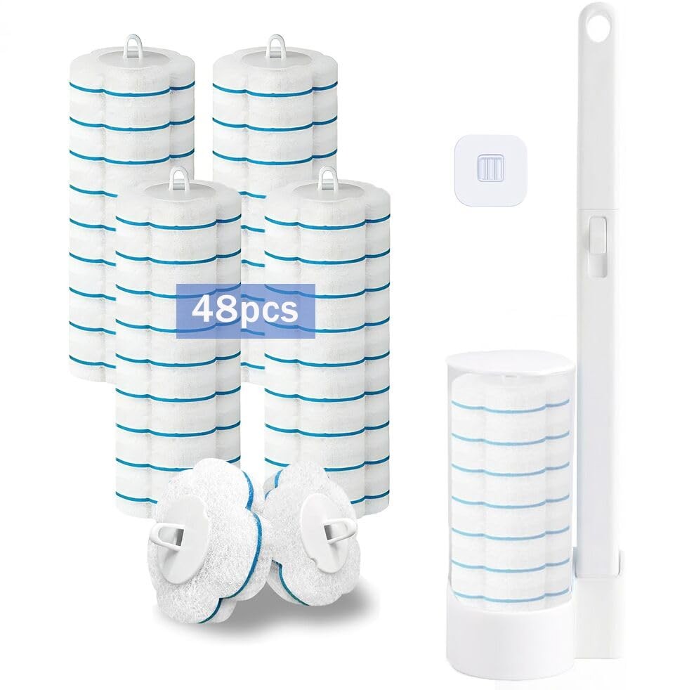 Disposable Toilet Brush and Holder Set with 48 PCS Refills, Deep Cleaning 
