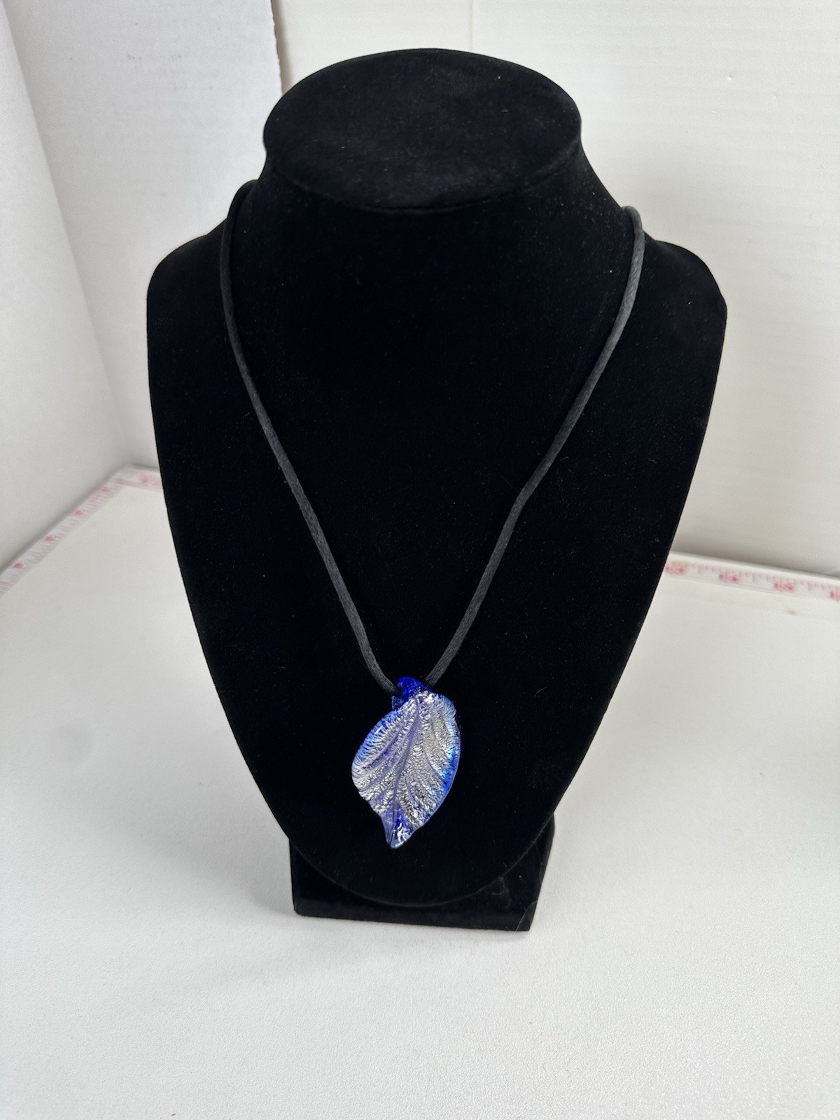 Blue Glass Leaf Pendant Necklace, Shimmering Silver Foil Art Glass, Black Cord