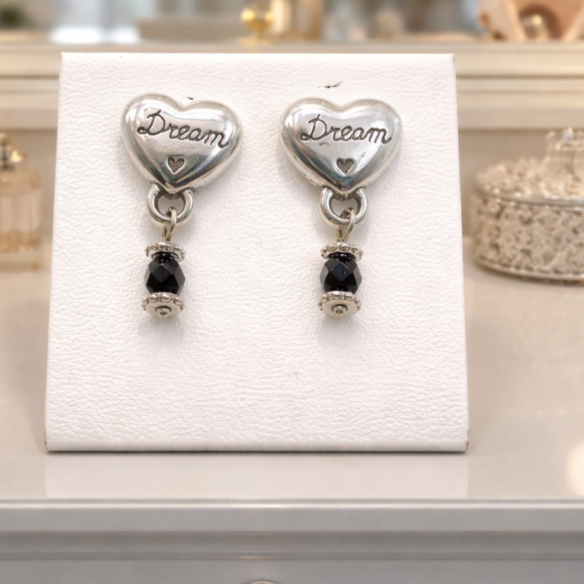 Brighton Dream Heart Earrings Silver Tone with Black Bead Dangle
