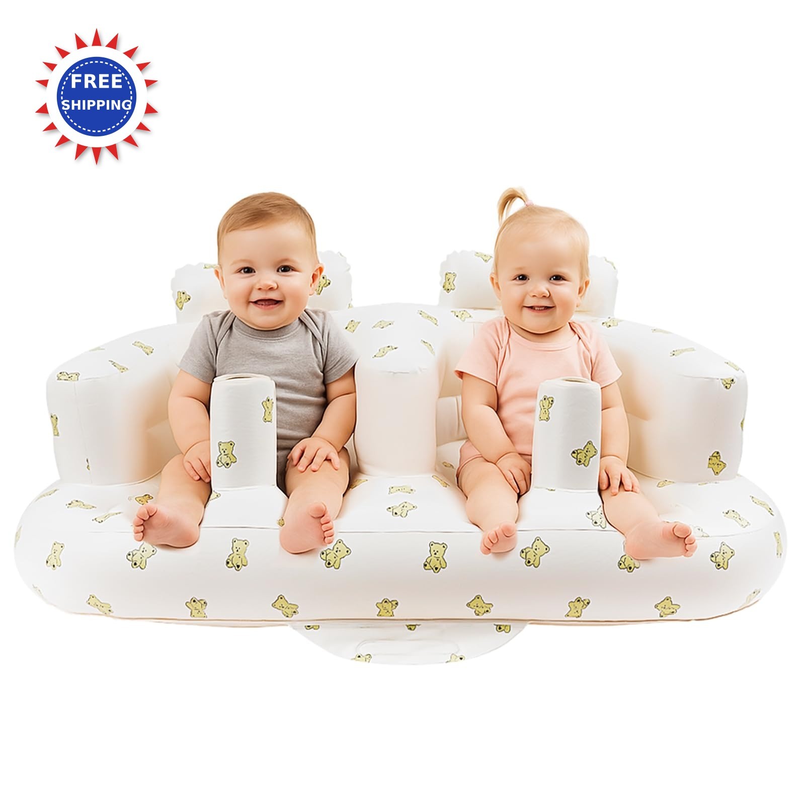 Inflatable Seat Twins Babies 3M+ Side-by Chairs w Air Pump Baby Month Double