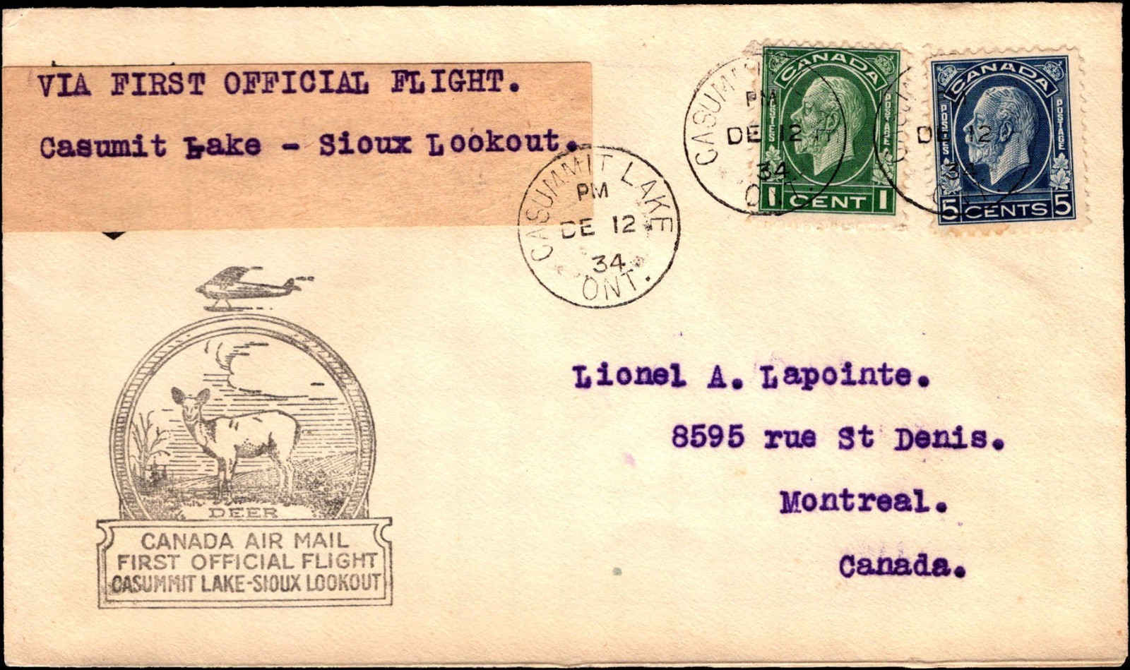 1934 Canada First Flight Cover Casummit Lake Sioux Lookout Ontario