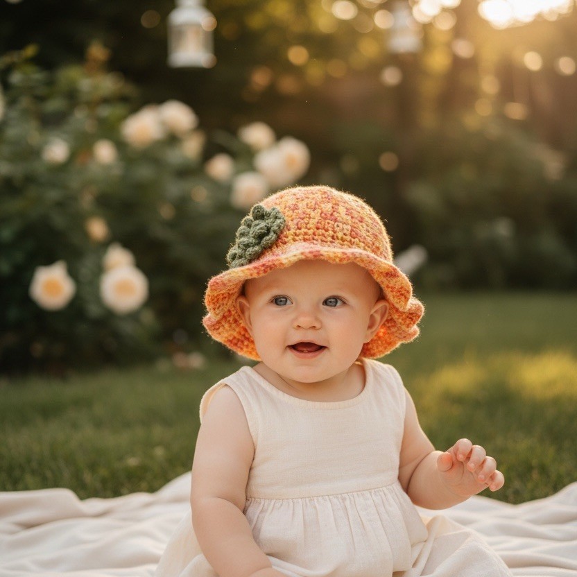 Handmade Crochet Baby Sun Hat Bucket Cloche Orange Yellow Green Flower 0-6M 
