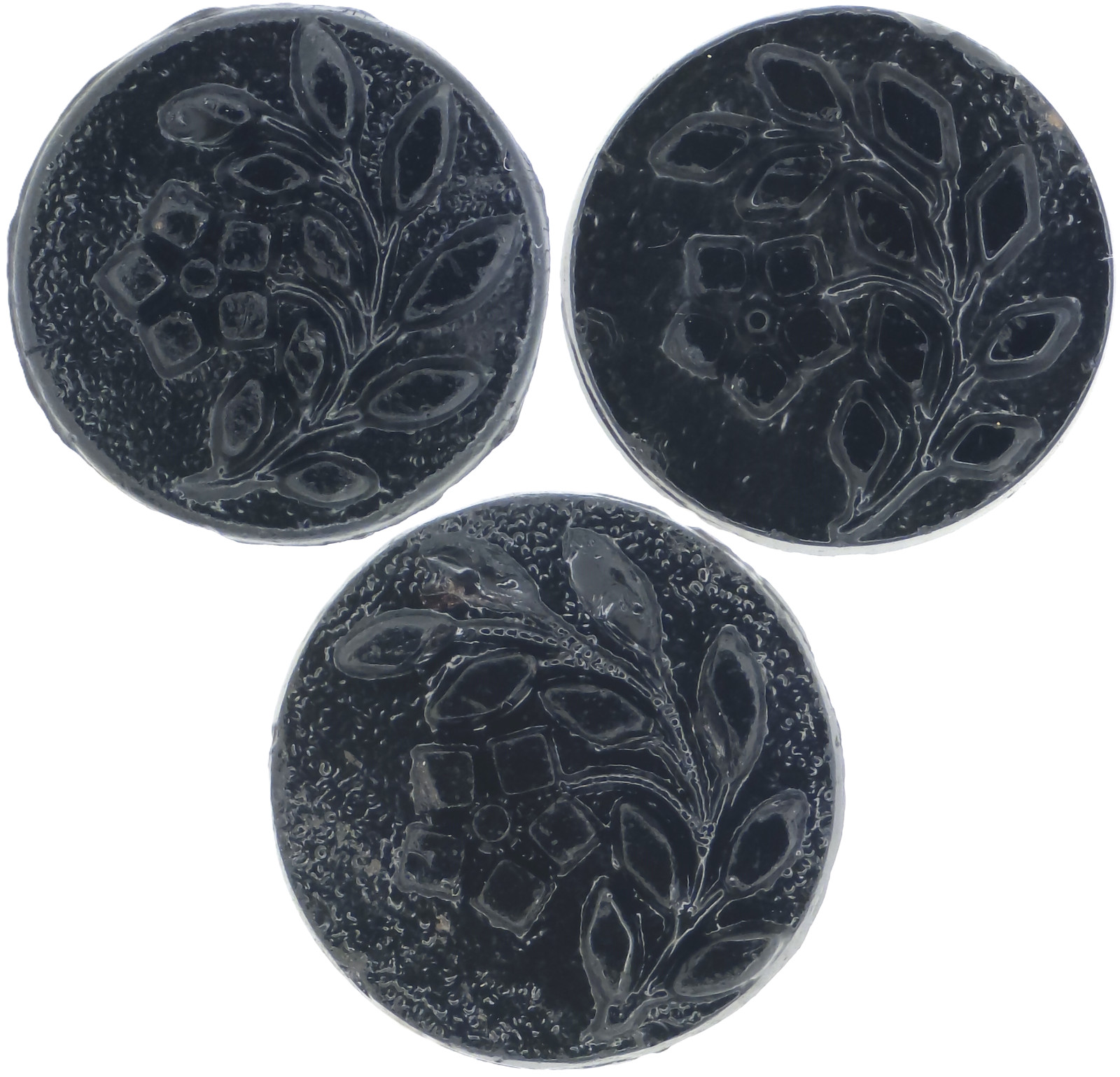 C1890s Victorian Black Glass Floral Textured Flower Button Matching Set LOT 3
